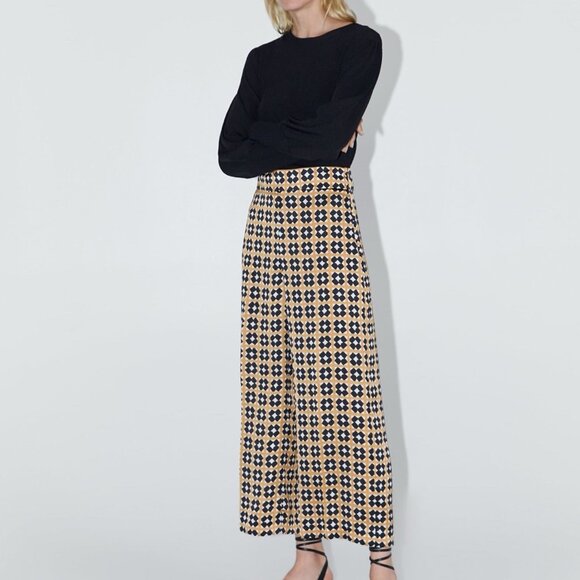 Zara Satin Wide Leg Pant L Geo Tile Print Silky Flowy Ankle Crop Dressy Trouser - Picture 2 of 16